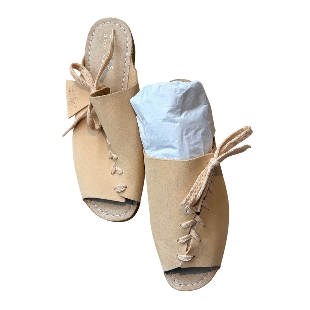 NWOT Clarks Originals Women Sz9 Sandals Slides Leather Suede Lace Up Beige Shoes